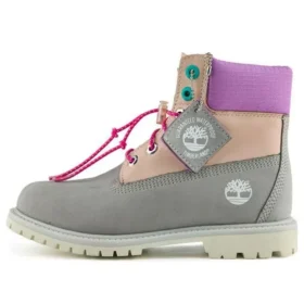 Botas impermeáveis de 15 cm com corte largo para o Dia dos Namorados “Nubuck cinzento e bege com gola roxa”