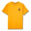 Camisa de manga curta com padrão de madeira nas costas, cor laranja