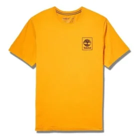 Camisa de manga curta com padrão de madeira nas costas, cor laranja