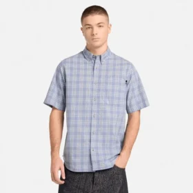 Camisas de manga curta em popeline xadrez para homem