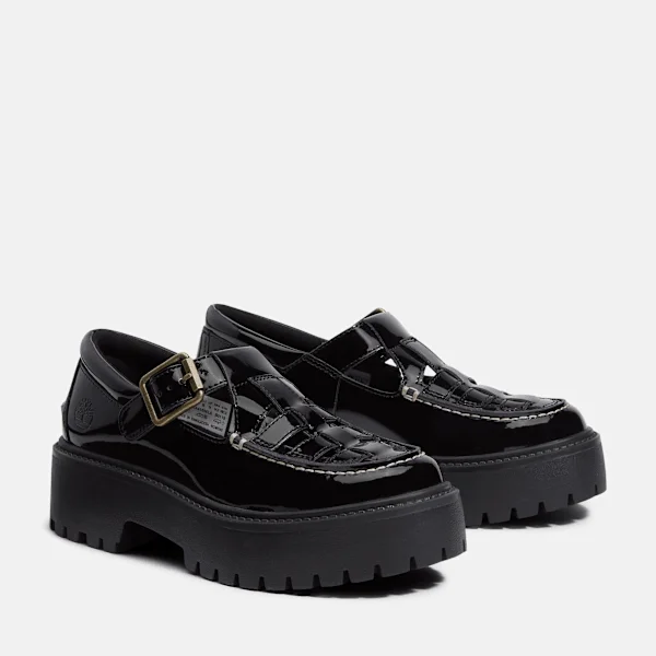 Sapatos femininos de plataforma com fivela em couro envernizado Stone Street Sapatos femininos de plataforma com fivela em couro envernizado Stone Street