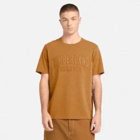 T-shirt masculina com logótipo bordado e efeito desgastado